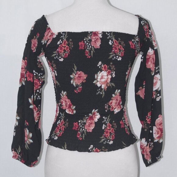 LNC Justify Juniors Medium Black Floral Top Off the Shoulder Shirt ¾ Sleeves - Picture 3 of 4